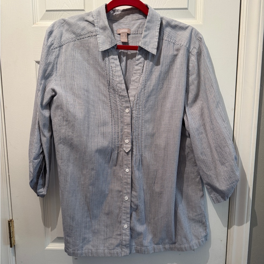 Chico’s Roll Tab Pin Striped Blouse Blue White Size 3/XL